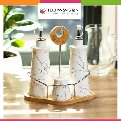 Set of 4 - Condiment Set with Wooden Base - Techmanistan in Pakistan
