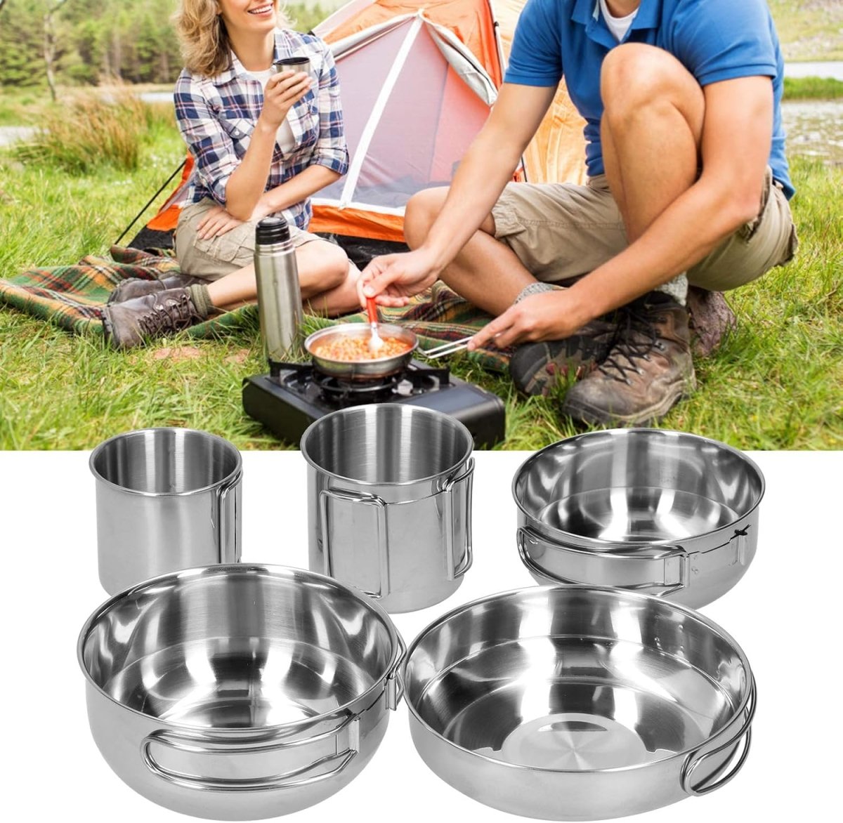 Set of 5 - Outdoor Camping Stainless Steel Cookware Pots - Techmanistan in Pakistan
