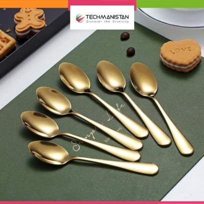 Set of 6 - Mirror Polished Stainless Steel Golden Spoons Cutlery Set - Techmanistan in Pakistan