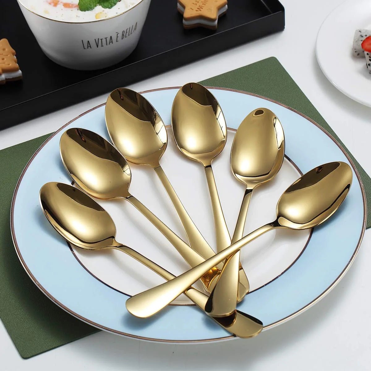 Set of 6 - Mirror Polished Stainless Steel Golden Spoons Cutlery Set - Techmanistan in Pakistan