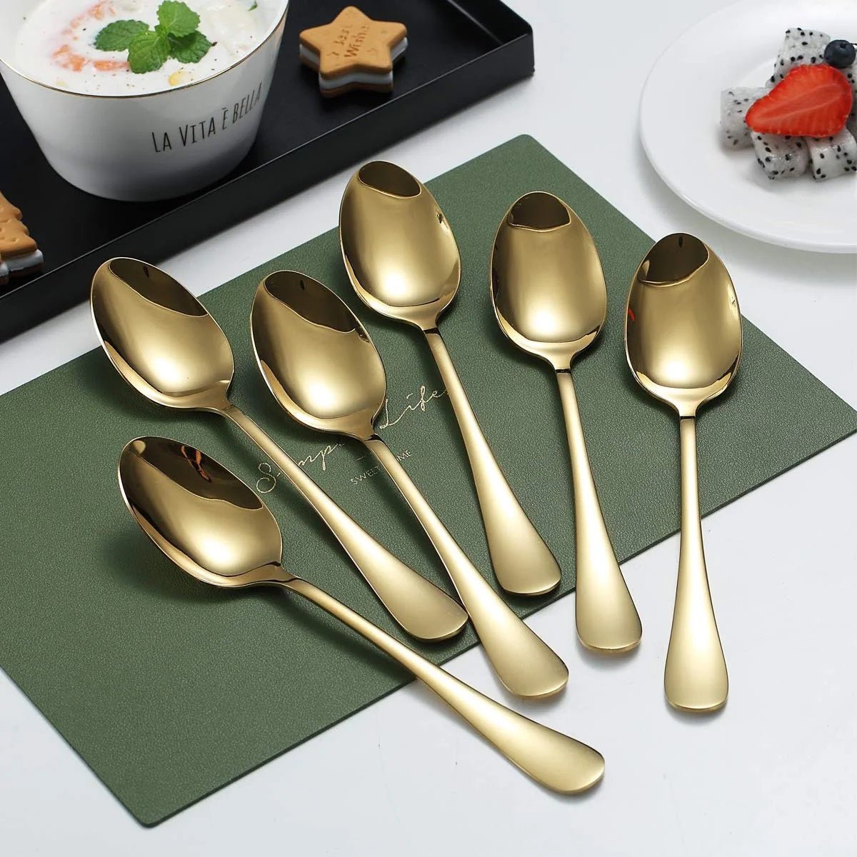 Set of 6 - Mirror Polished Stainless Steel Golden Spoons Cutlery Set - Techmanistan in Pakistan