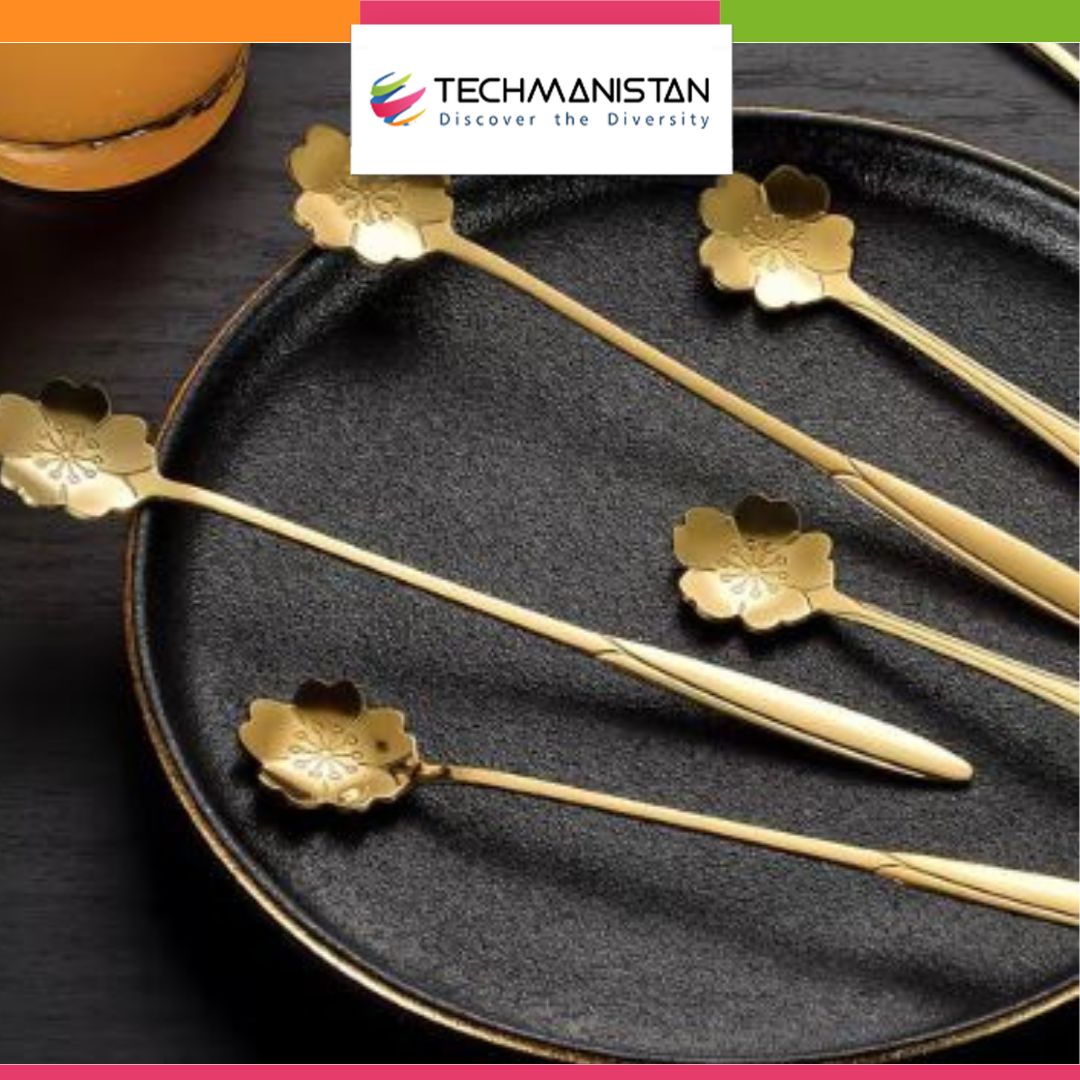 Set of 6 - Stainless Steel Gold - Plated Flower Spoons - Techmanistan in Pakistan