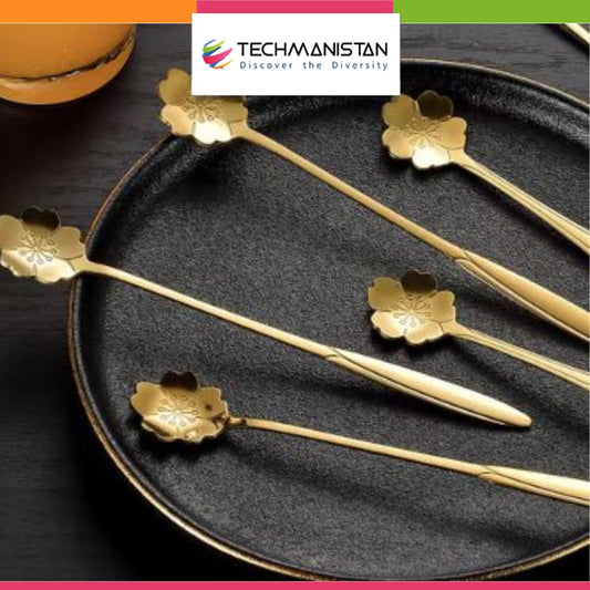 Set of 6 - Stainless Steel Gold - Plated Flower Spoons - Techmanistan in Pakistan