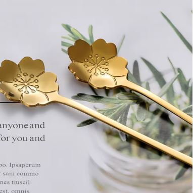 Set of 6 - Stainless Steel Gold - Plated Flower Spoons - Techmanistan in Pakistan