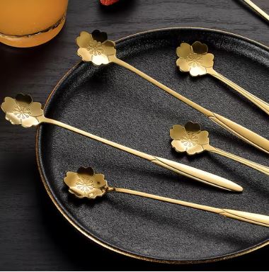 Set of 6 - Stainless Steel Gold - Plated Flower Spoons - Techmanistan in Pakistan