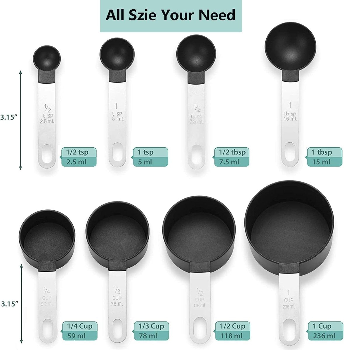 Set of 8 Measuring Spoons & Cups with Stainless Steel Handles - Techmanistan in Pakistan