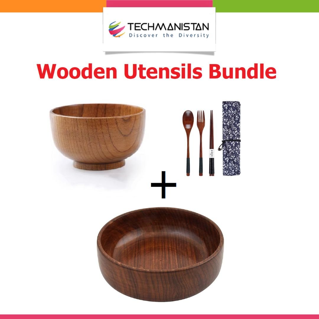Set of Chopsticks, Spoon, Fork with 2 Round Wooden Bowls - Techmanistan in Pakistan