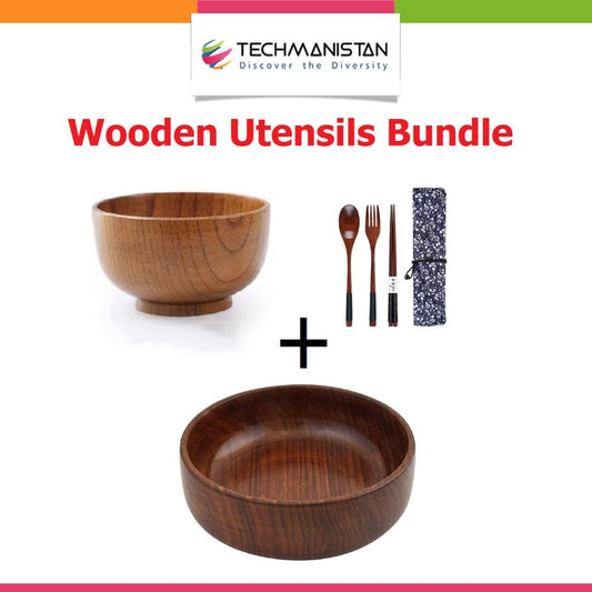 Set of Chopsticks, Spoon, Fork with 2 Round Wooden Bowls - Techmanistan in Pakistan