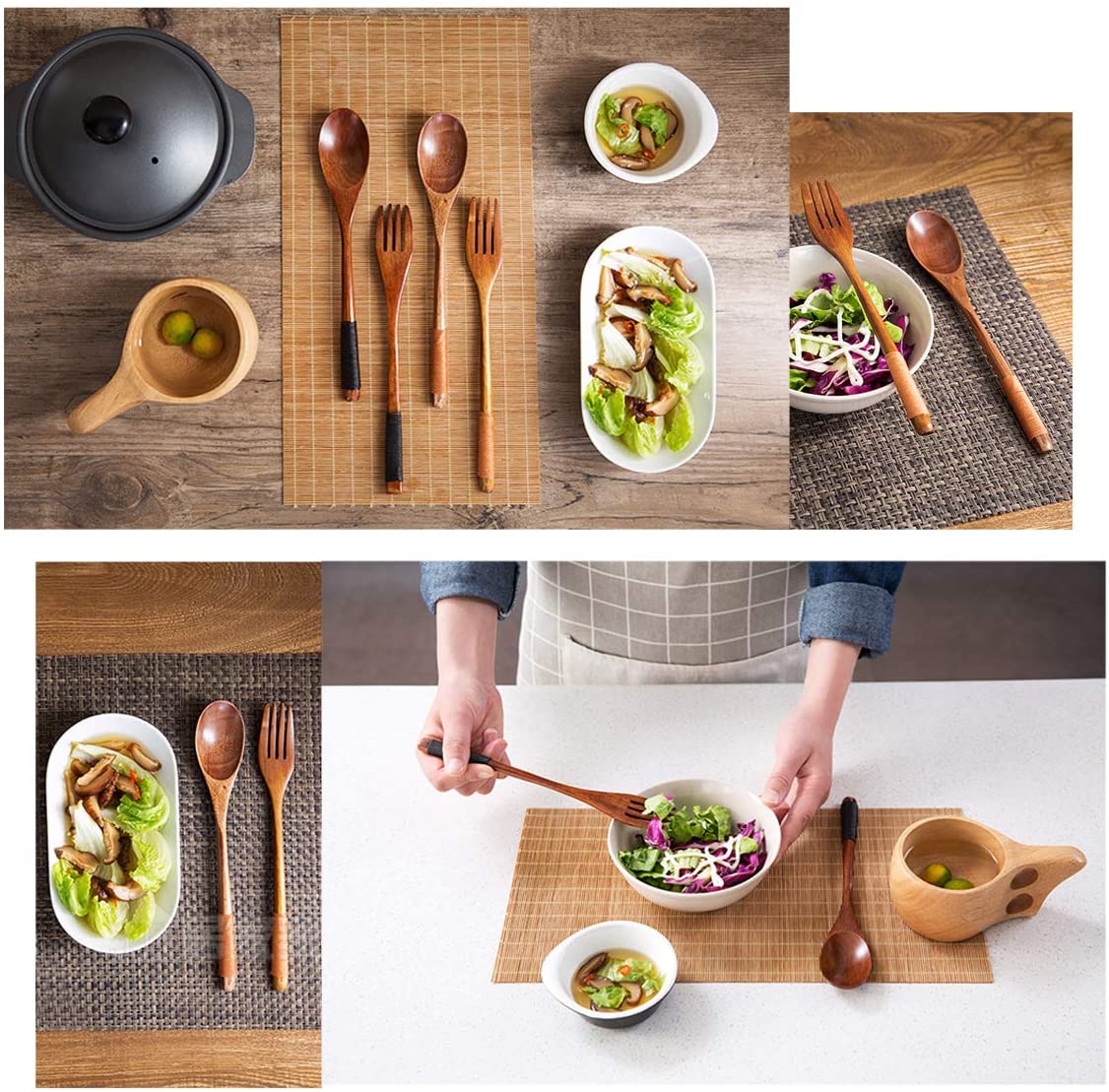 Set of Chopsticks, Spoon, Fork with 2 Round Wooden Bowls - Techmanistan in Pakistan