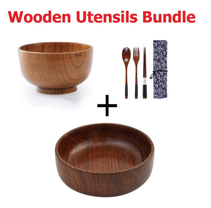 Set of Chopsticks, Spoon, Fork with 2 Round Wooden Bowls - Techmanistan in Pakistan