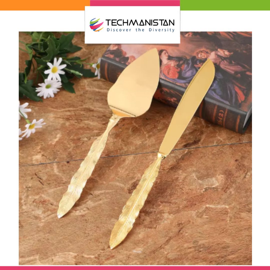 Set of Gold Wedding Cake Cutting Knife & Server Set - Techmanistan in Pakistan
