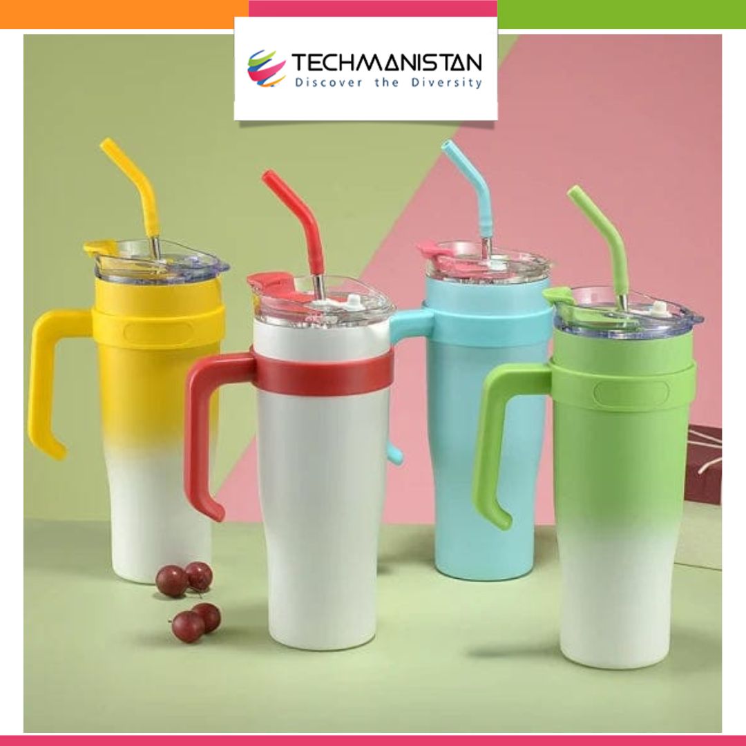 Stainless Steel 1250ml Tumbler with Straw and Handle - Techmanistan in Pakistan