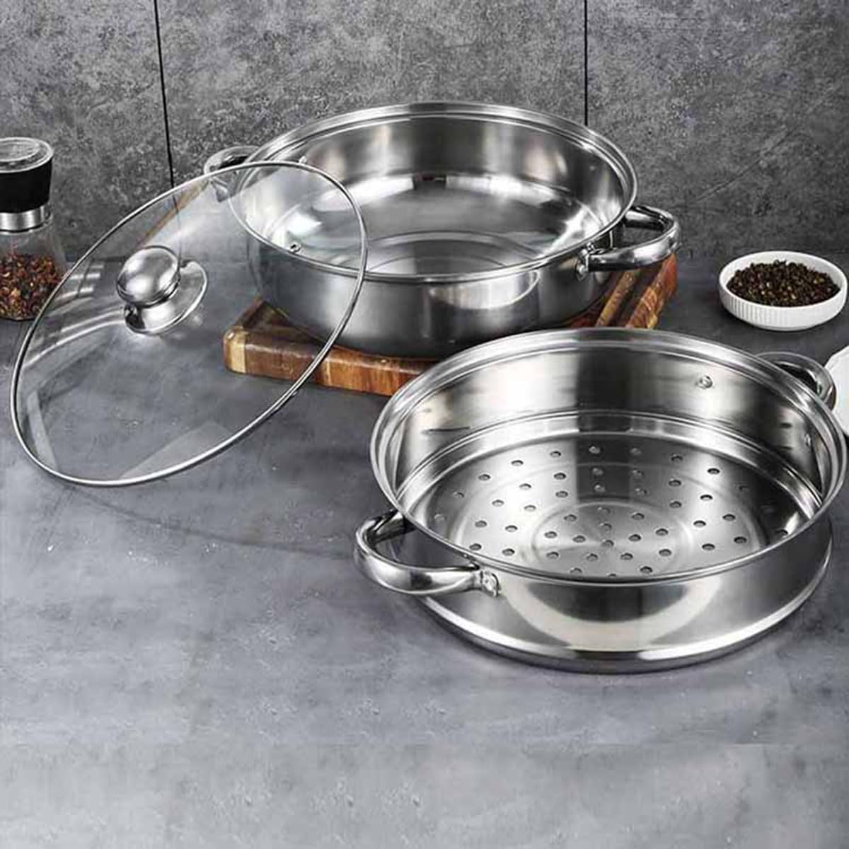 Stainless Steel 2 Layers Steamer Pot With Glass Lid - Techmanistan in Pakistan