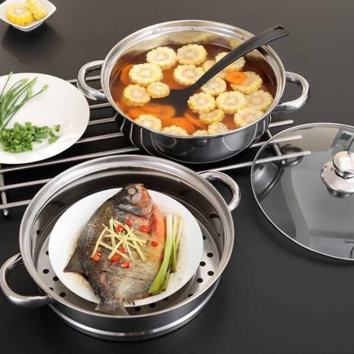 Stainless Steel 2 Layers Steamer Pot With Glass Lid - Techmanistan in Pakistan