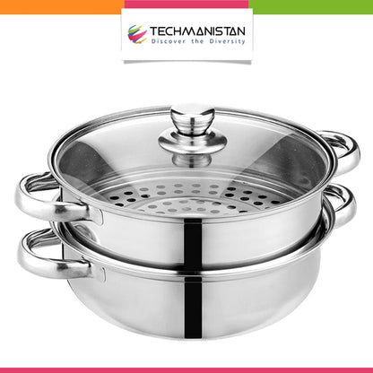Stainless Steel 2 Layers Steamer Pot With Glass Lid - Techmanistan in Pakistan