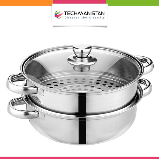 Stainless Steel 2 Layers Steamer Pot With Glass Lid - Techmanistan in Pakistan