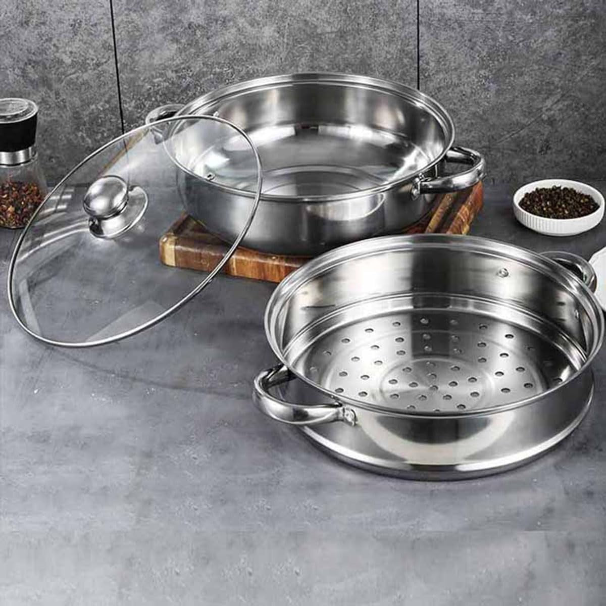 Stainless Steel 2 Layers Steamer Pot With Glass Lid - Techmanistan in Pakistan