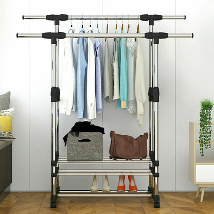 Stainless Steel Double - Pole Adjustable Clothes Hanger With Shoe Rack & 2 Sheets - Techmanistan in Pakistan