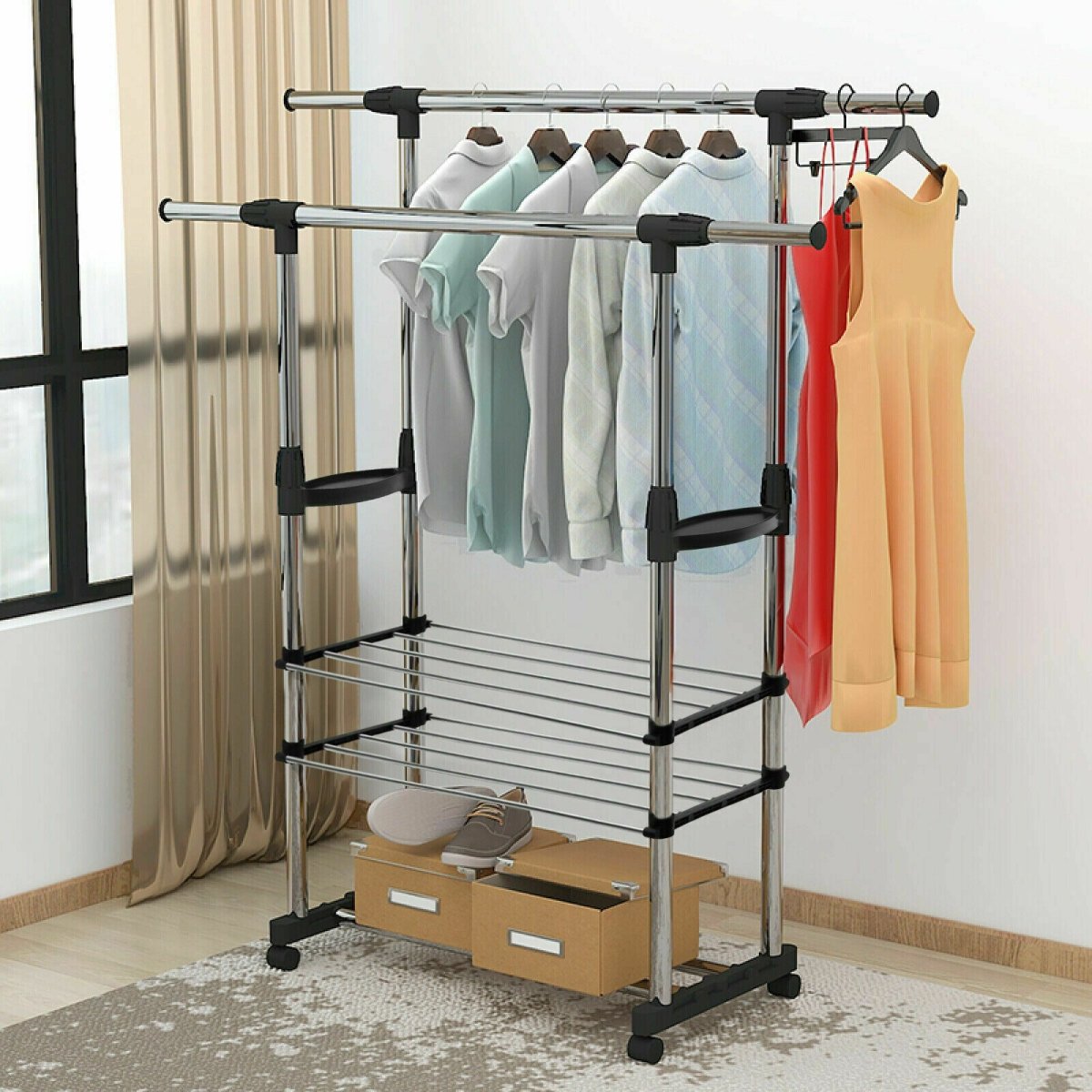 Stainless Steel Double - Pole Adjustable Clothes Hanger With Shoe Rack & 2 Sheets - Techmanistan in Pakistan