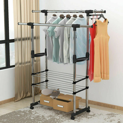 Stainless Steel Double - Pole Adjustable Clothes Hanger With Shoe Rack & 2 Sheets - Techmanistan in Pakistan