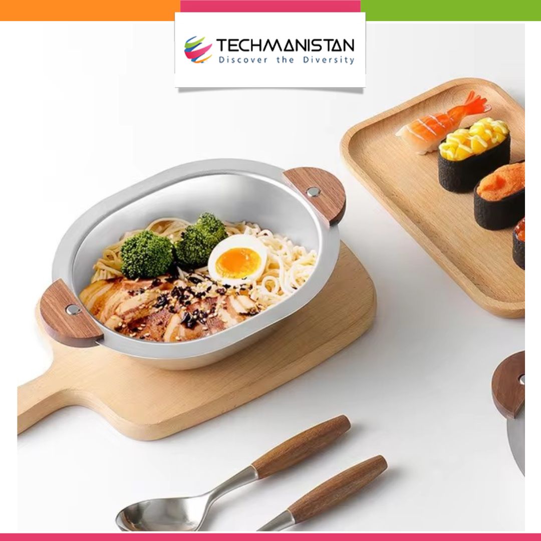 Stainless Steel Serving Bowl with Wooden Handles - Techmanistan in Pakistan