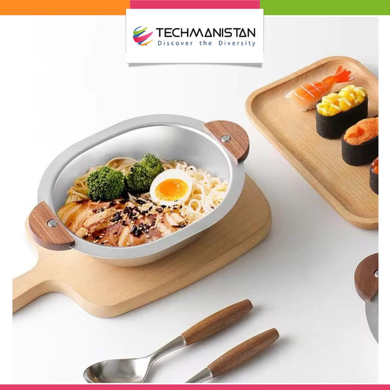 Stainless Steel Serving Bowl with Wooden Handles - Techmanistan in Pakistan