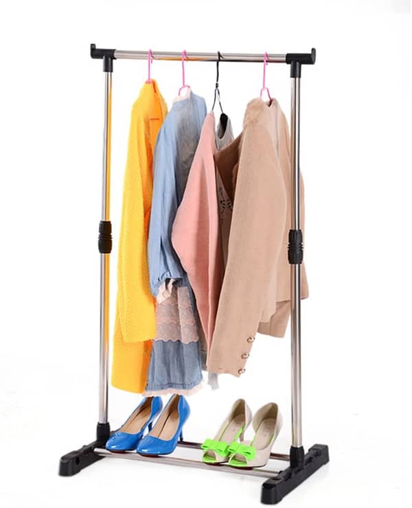 Stainless Steel Single Pole Clothes Hanger With Shoe Rack Sheet, Outside Single Rail Clothes Drying Storage Rack, Shoe Rack, Mobile Clothes Rack Single Rail, Single Pole Telescopic Clothes Rack - Techmanistan in Pakistan