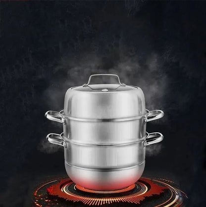 Stainless Steel Three Layers Steamer Pot With Glass Lid - Techmanistan in Pakistan