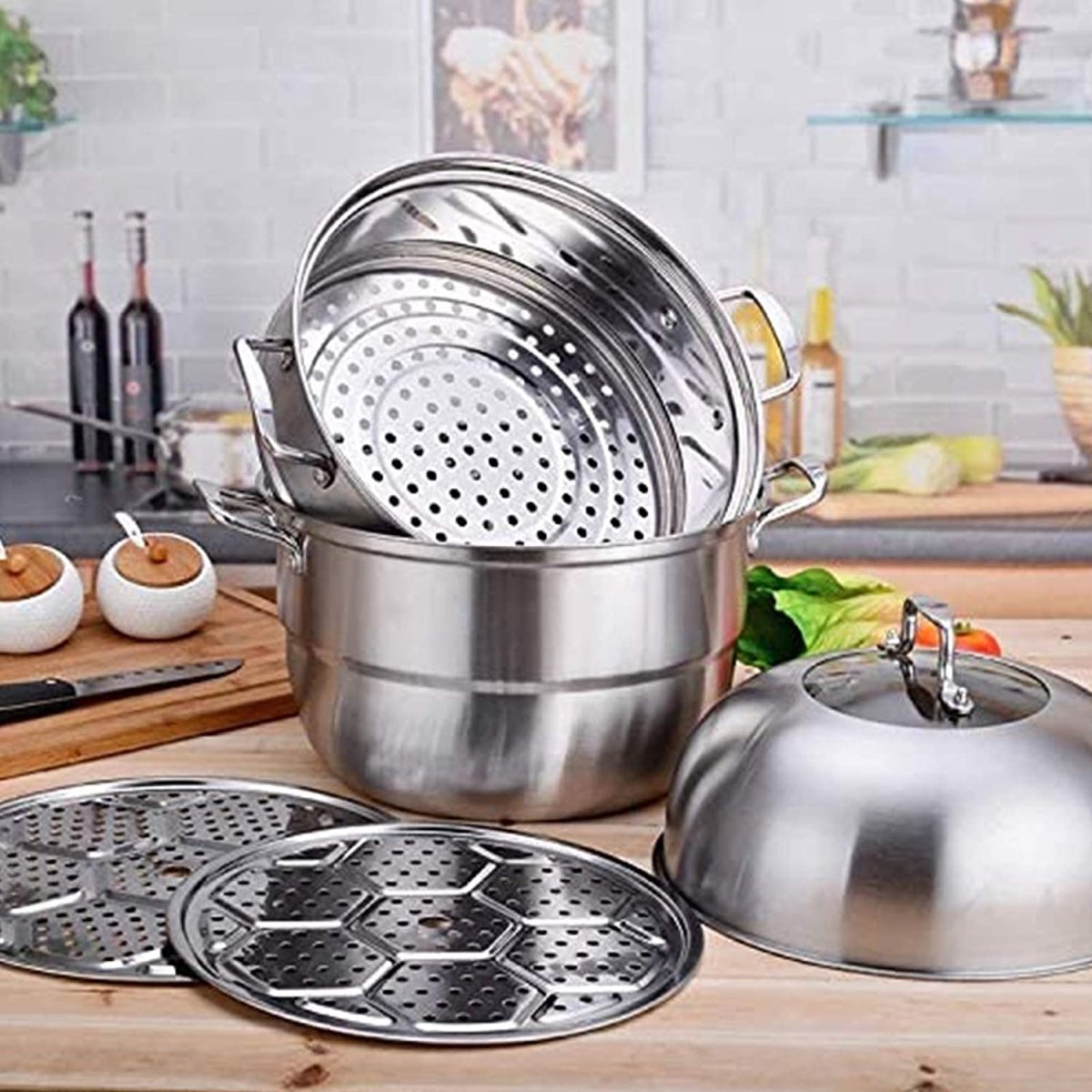Stainless Steel Three Layers Steamer Pot With Glass Lid - Techmanistan in Pakistan