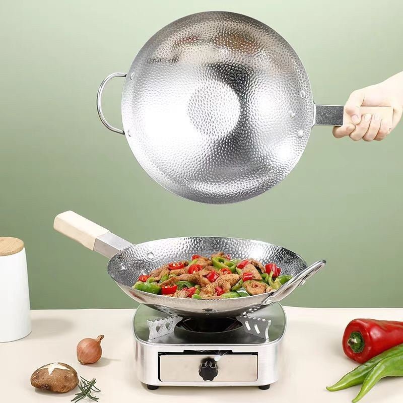 Stainless Steel Wok Karahi with Wooden Handle - Techmanistan in Pakistan