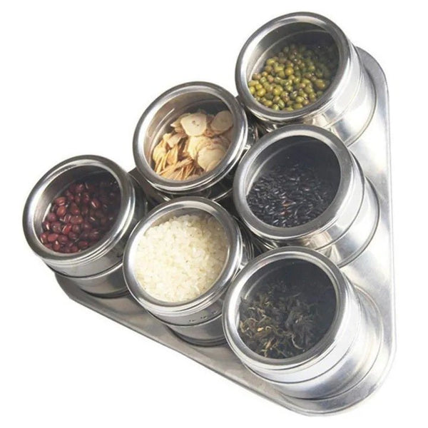 Magnetic Spice Tins with Triangular Rack – Set of 6 Stainless Steel Masala Jars