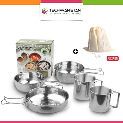 Travel & Camping Combo - Set of 5 Stainless Steel Serving Set & Non Stick Camping Cookware Set - Techmanistan in Pakistan