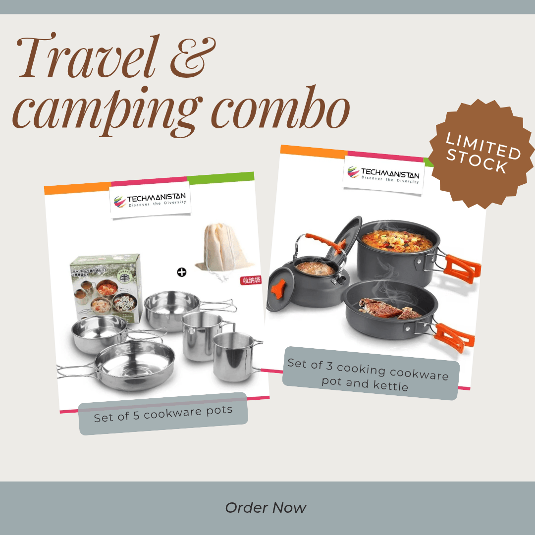 Travel & Camping Combo - Set of 5 Stainless Steel Serving Set & Non Stick Camping Cookware Set - Techmanistan in Pakistan