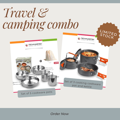 Travel & Camping Combo - Set of 5 Stainless Steel Serving Set & Non Stick Camping Cookware Set - Techmanistan in Pakistan