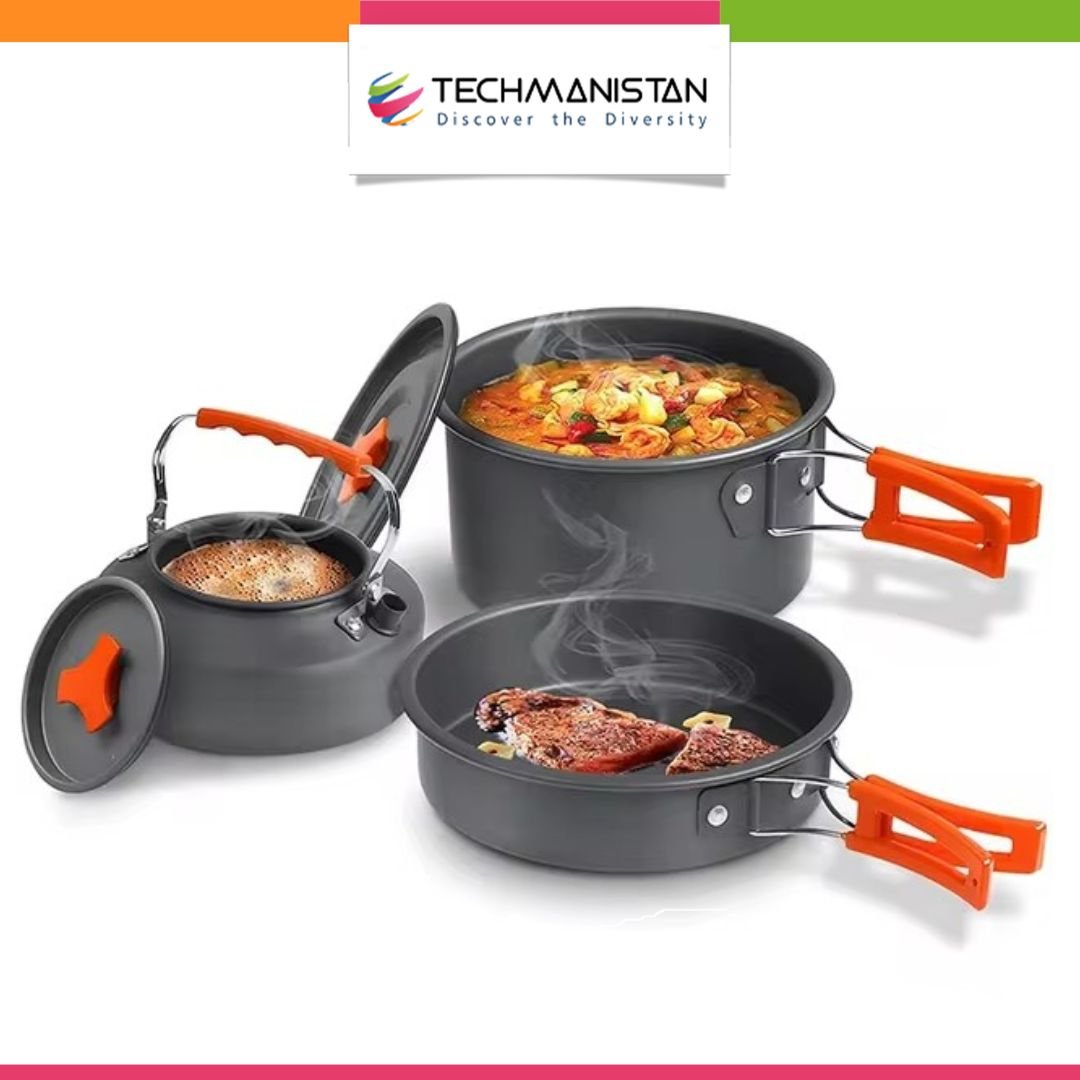 Travel & Camping Combo - Set of 5 Stainless Steel Serving Set & Non Stick Camping Cookware Set - Techmanistan in Pakistan
