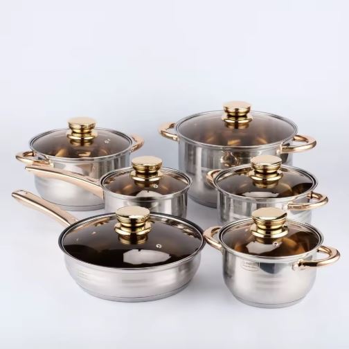 12-Piece Classic Stainless Steel Golden Handles Cookware Set