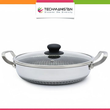 Flat Bottom Double Sided Laser Coated Honeycomb Layer Frying Pan With Lid & Dual Handle