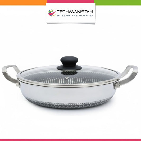 Flat Bottom Double Sided Laser Coated Honeycomb Layer Frying Pan With Lid & Dual Handle