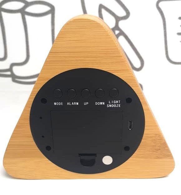 Wooden Digital Triangular Shape Desk Clock, Alarm Clock, LED Desktop Clock, Thermometer, Calendar, Date - Techmanistan in Pakistan