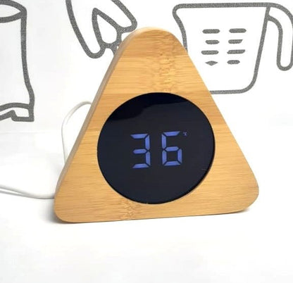 Wooden Digital Triangular Shape Desk Clock, Alarm Clock, LED Desktop Clock, Thermometer, Calendar, Date - Techmanistan in Pakistan