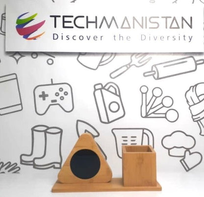 Wooden Digital Triangular Shape Desk Clock With Pen Holder - Techmanistan in Pakistan