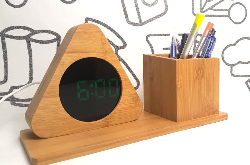 Wooden Digital Triangular Shape Desk Clock With Pen Holder - Techmanistan in Pakistan