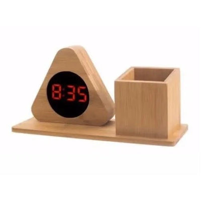Wooden Digital Triangular Shape Desk Clock With Pen Holder - Techmanistan in Pakistan