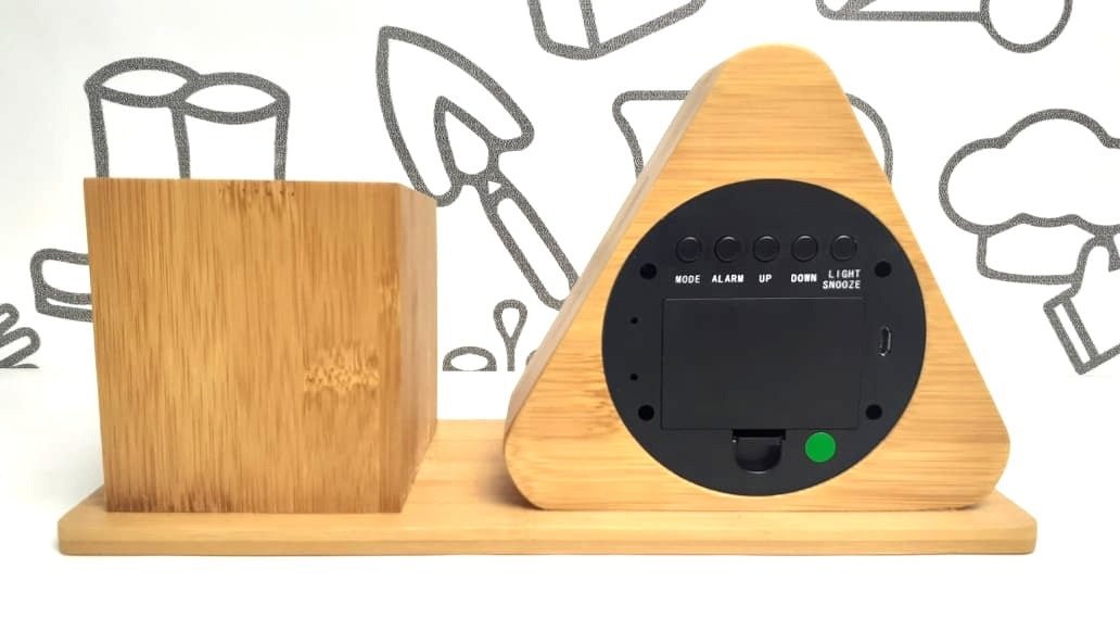 Wooden Digital Triangular Shape Desk Clock With Pen Holder - Techmanistan in Pakistan
