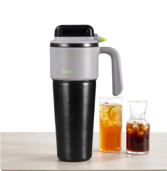 1L Stainless Steel Thermal Mug with Push-button Lid, Straw and Handle