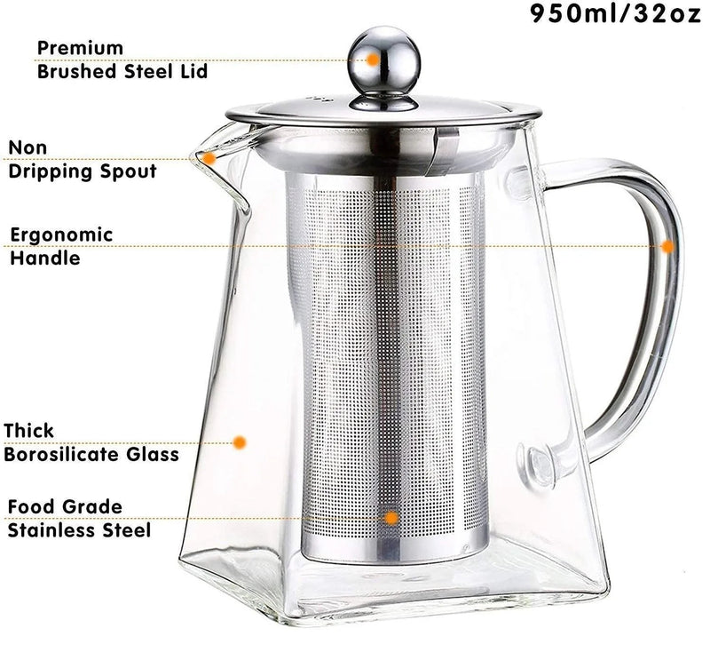 Square Glass Teapot with Heat-Resistant Stainless Steel Infuser Chai Kettle--Techmanistan-Techmanistan