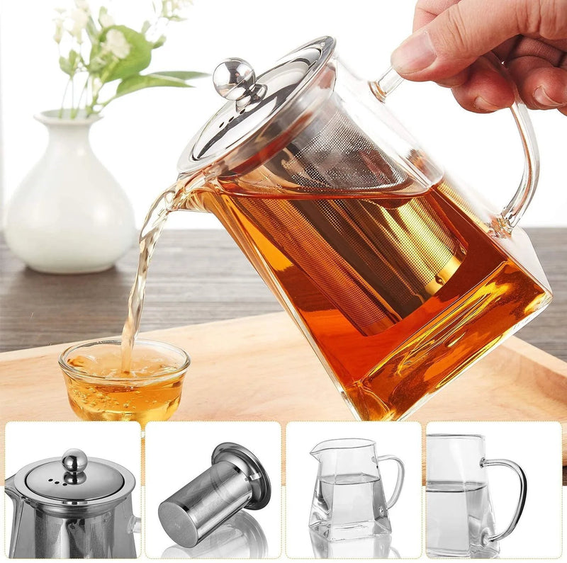 Square Glass Teapot with Heat-Resistant Stainless Steel Infuser Chai Kettle--Techmanistan-Techmanistan